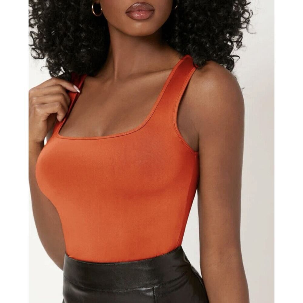 Orange Square Neck Fitted Stretch Sleeveless Everyday Tank Top Casual M 6 Basic